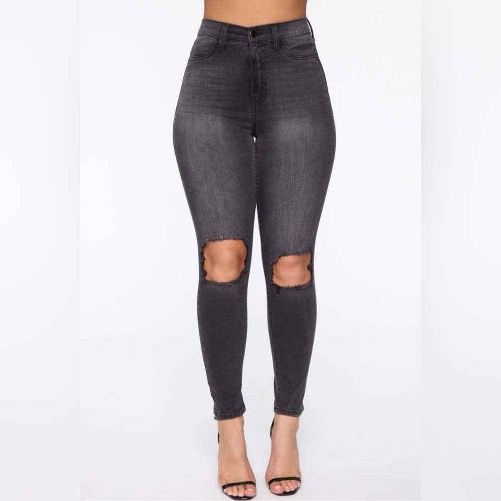 High Rise Skinny Jeans Black Denim Distressed Stretch Women's Size 14